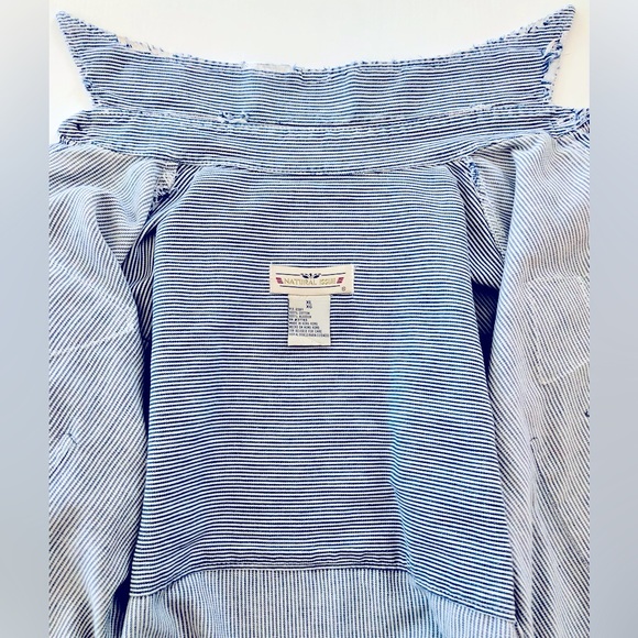 Distressed VTG embroidered patchs railroad ticking shirt XL Natural inst… - Picture 9 of 16